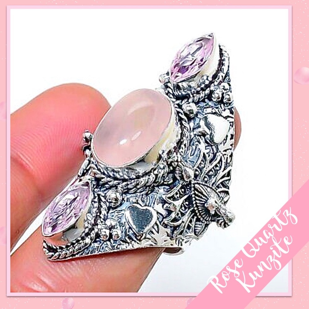 Rose Quartz, Kunzite Eclectic Silver Peacock Heart Ring 6.5 (Pale Pink, Lt Pink) - Picture 2 of 2